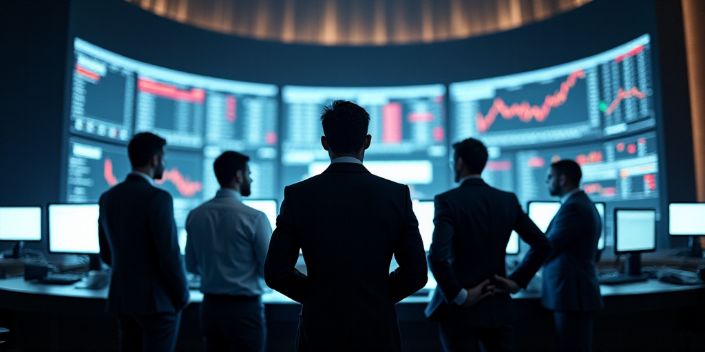 a group of men standing in front of a stock market floor with monitors on each side of them and a ma