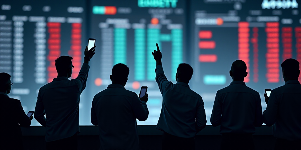 a group of men standing in front of a stock market floor looking up at their phones and pointing to