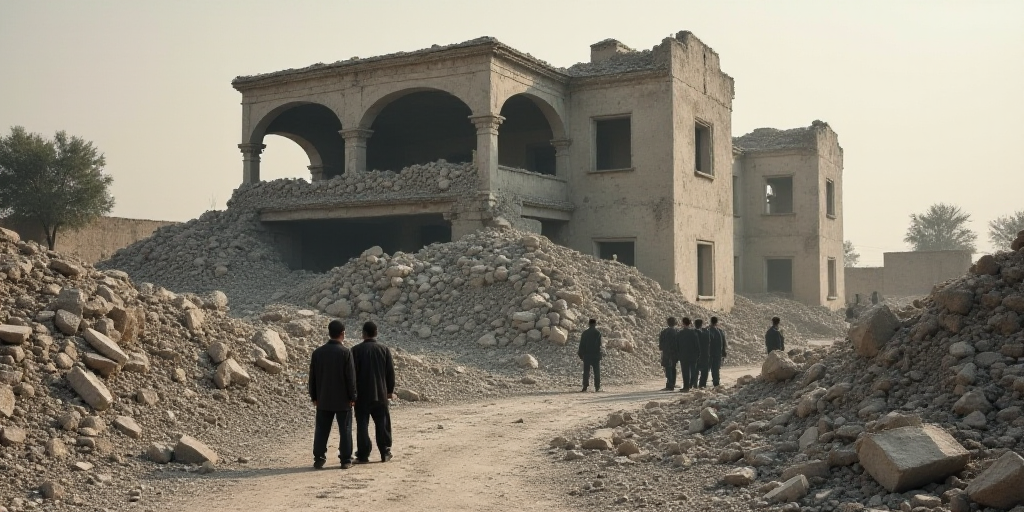 a group of men standing in front of a building that has been demolished and is surrounded by rubble