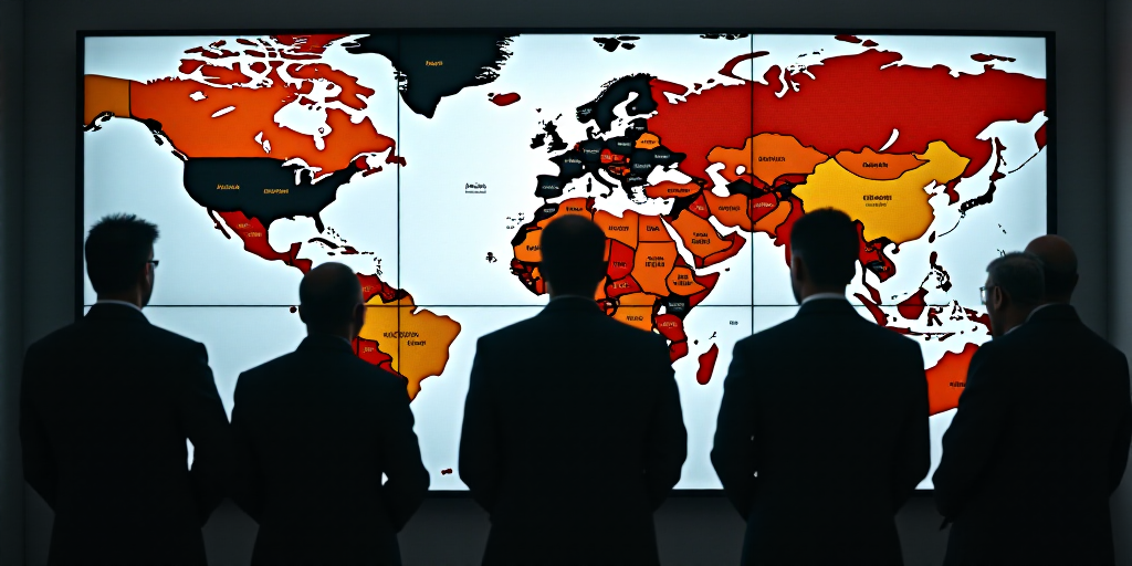 a group of men standing in front of a map of the world on a wall mounted screen in a room, Ahmed Kar