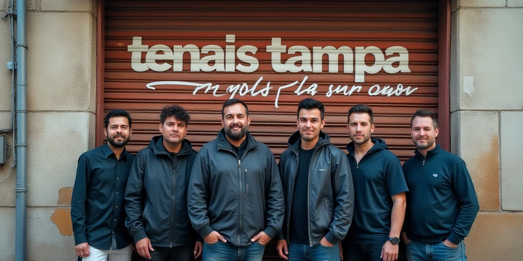 a group of men standing in front of a building with a sign on it that says tenais tampa, Carpoforo T