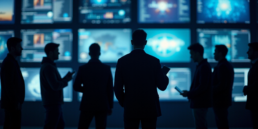 a group of men standing in front of a wall of monitors and screens with a man holding a tablet, Andr