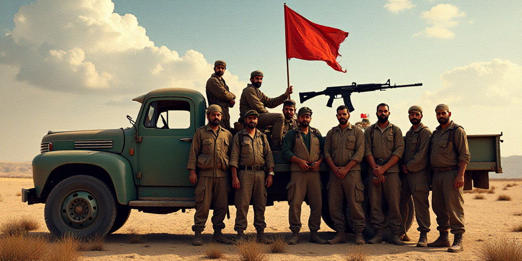 a group of men standing next to a truck with a gun in the back of it and a flag flying in the backgr