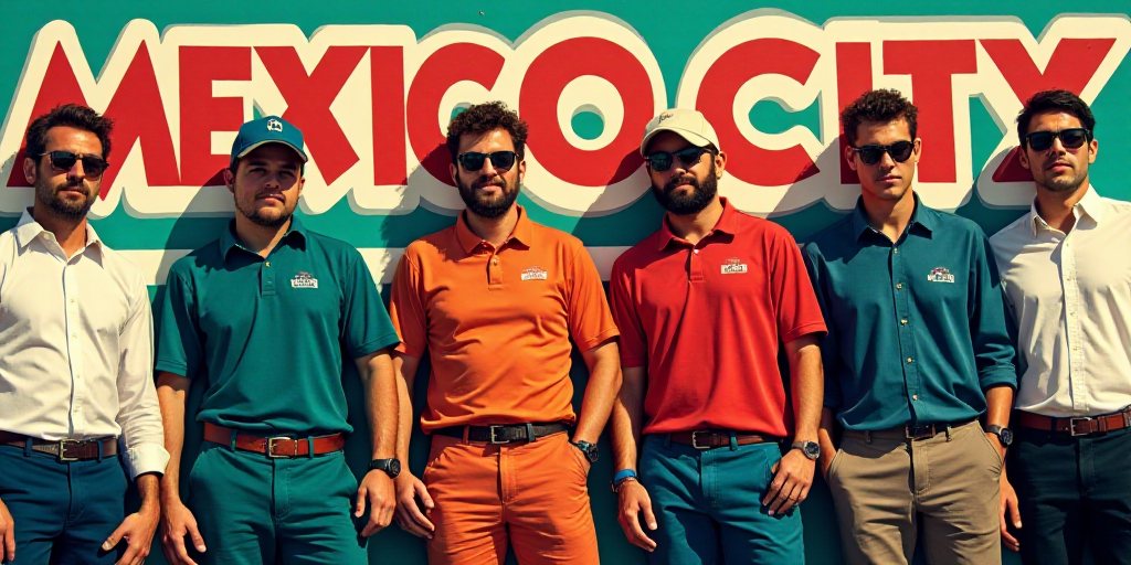 a group of men standing next to each other in front of a sign that says nascar mexico city on it, Al