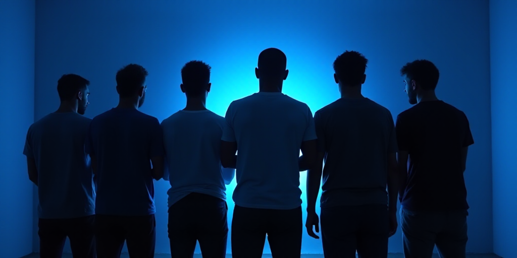a group of men standing next to each other in a room with a blue light behind them and a blue light