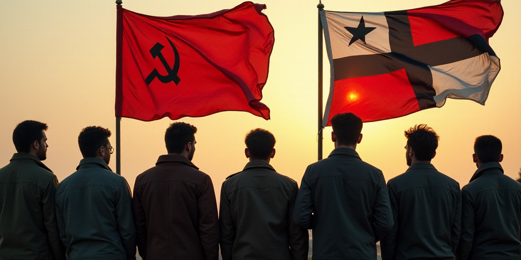 a group of men standing next to each other holding a red flag and a red and white flag with a black