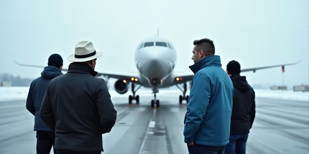 a group of men standing next to an airplane on a runway with a person in a white hat and a man in a