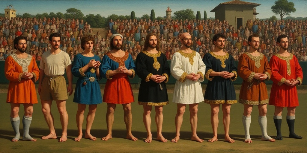 a group of men standing next to each other on a field with a crowd watching them from the stands, Es