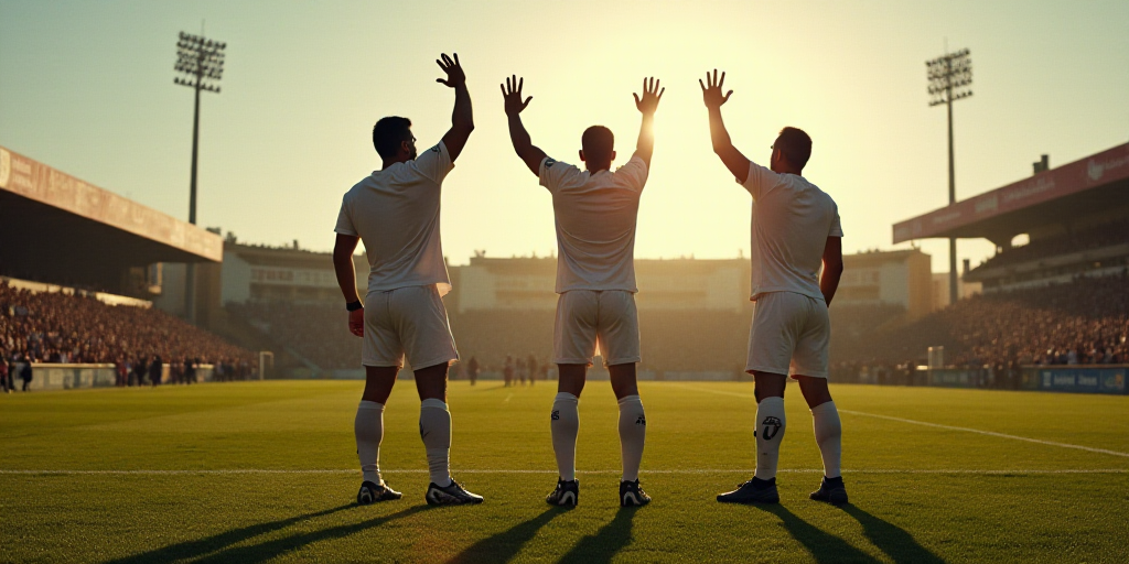 a group of men standing on top of a soccer field holding their hands up in the air and a crowd of pe