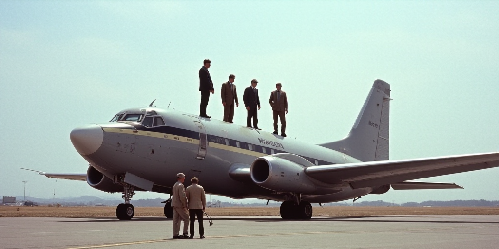 a group of men standing on top of a plane next to each other on a runway with a camera, Denis Eden,