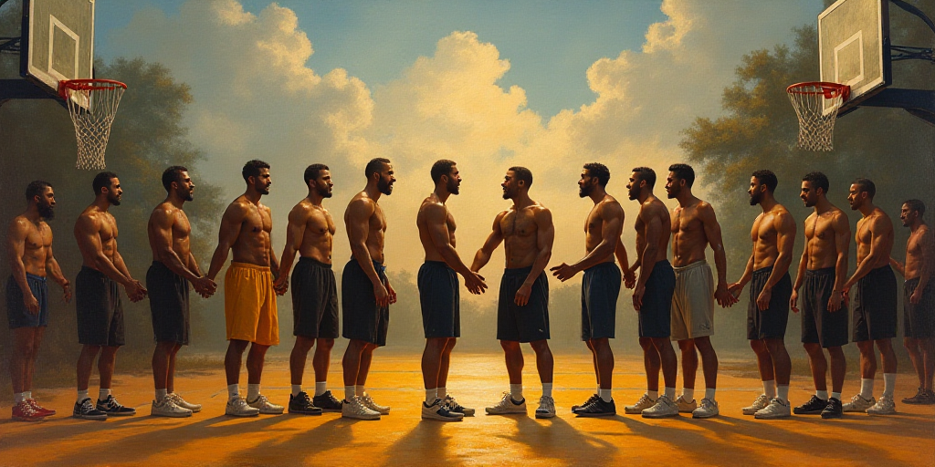 a group of men standing on top of a basketball court holding hands and shaking hands with each other