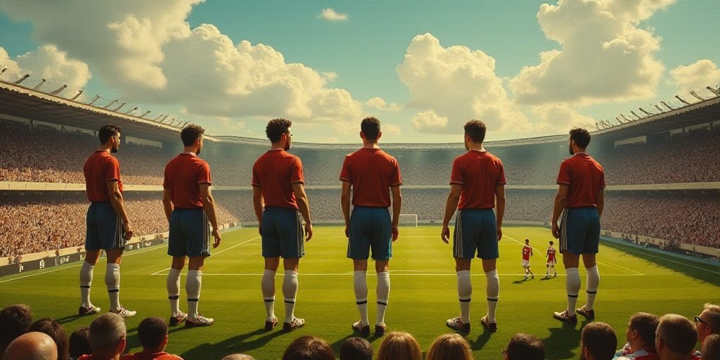 a group of men standing on top of a soccer field next to each other on a field with a crowd watching