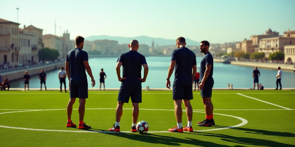 a group of men standing on top of a soccer field next to a soccer ball on a field with people watchi