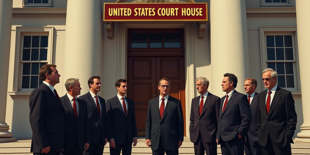 a group of men standing outside of a building with a sign that says united states court house on it,