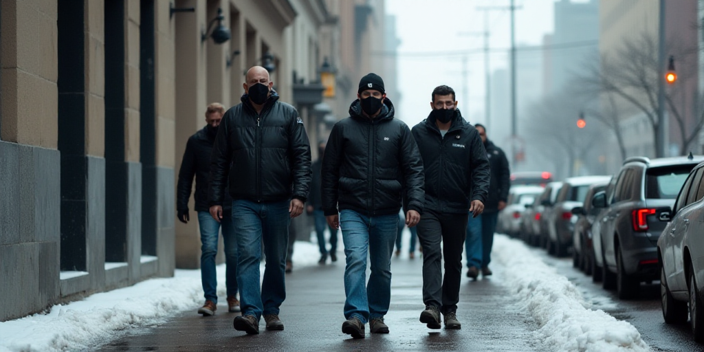a group of men walking down a sidewalk next to a building with police on them and a man in a mask, E