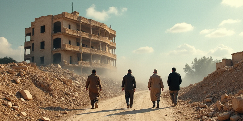 a group of men walking past a building that has been demolished in the middle of the day with rubble