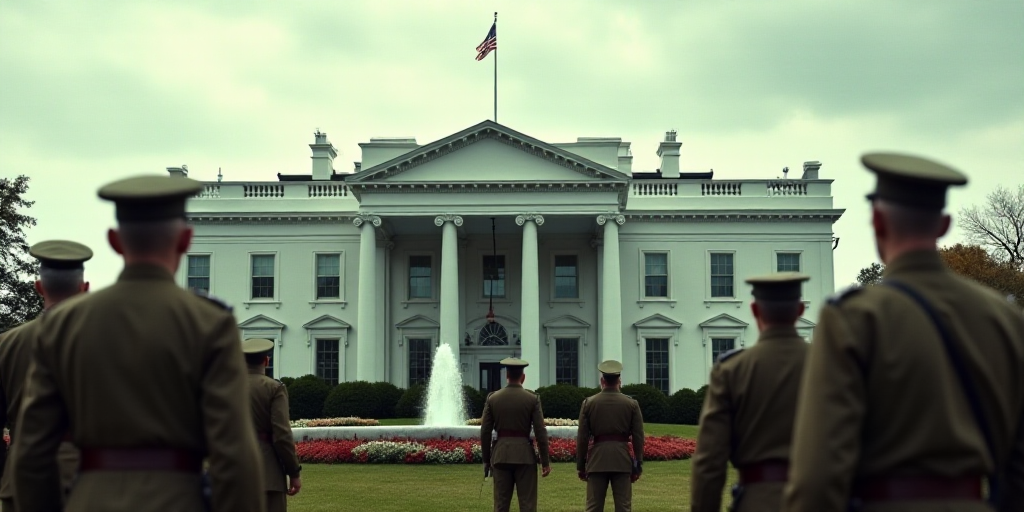 a group of military men standing in front of a large building with a president on it's side, Donald
