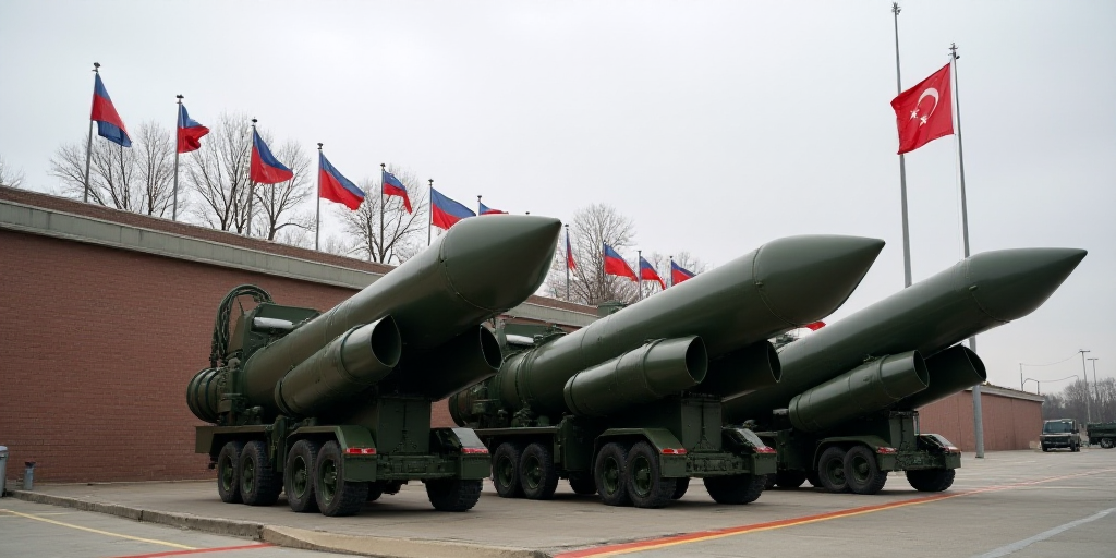 a group of missiles are on display in front of a wall with flags and a flag on it,, Dahlov Ipcar, wa