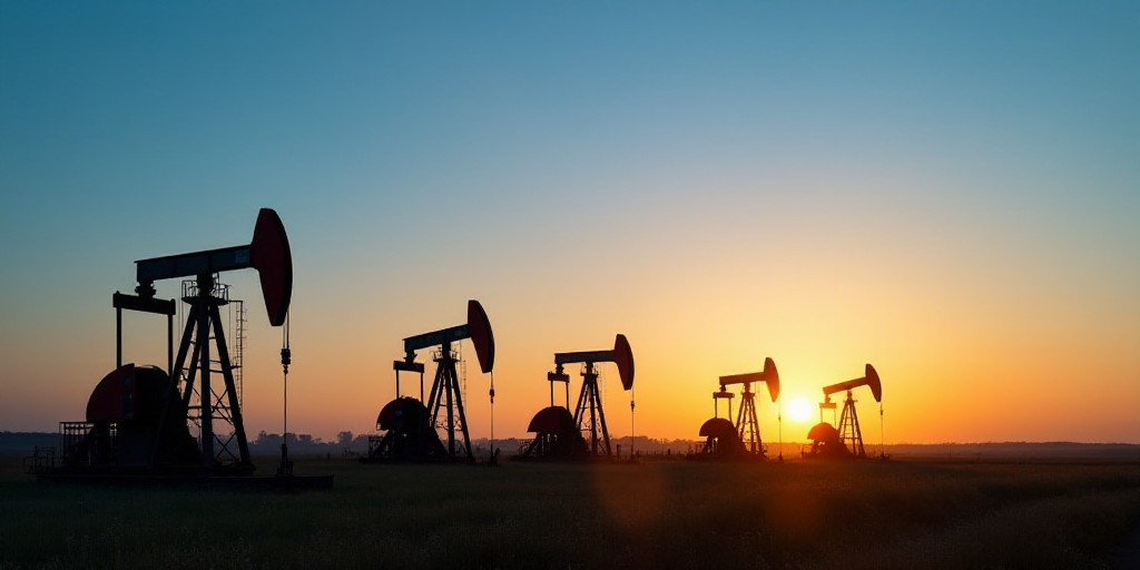 a group of oil pumps sitting next to each other on a field at sunset with a blue sky in the backgrou