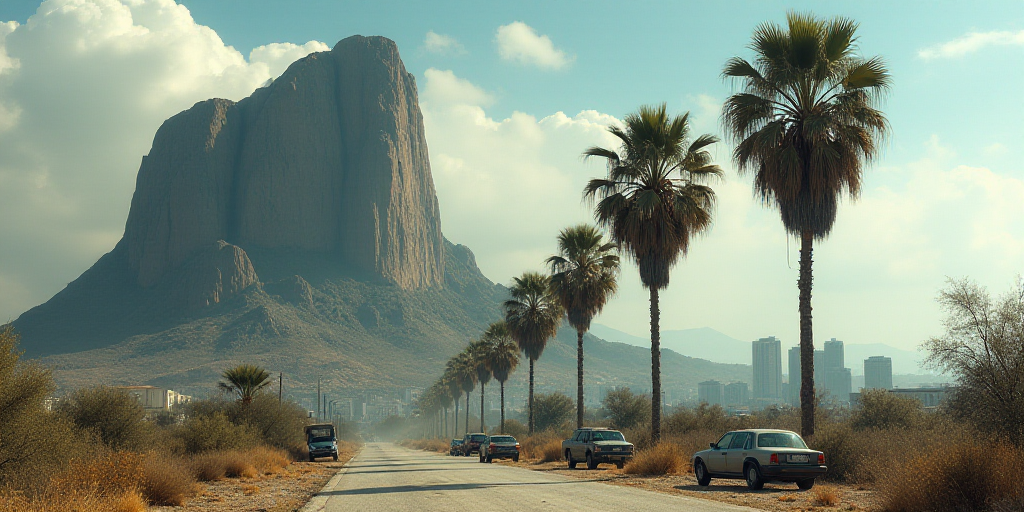 a group of palm trees in front of a mountain with a city in the background and a few cars parked on