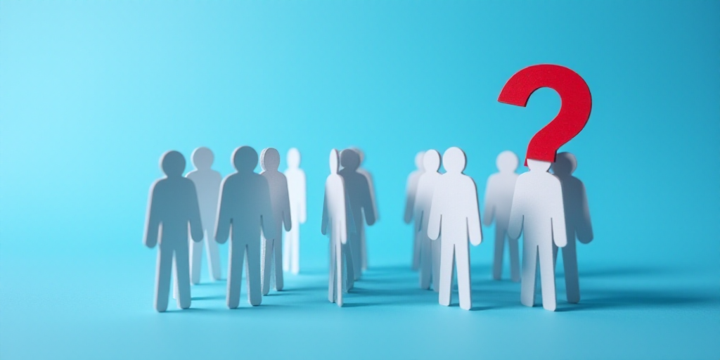 a group of paper cutouts of people standing in front of a question mark on a blue background with a