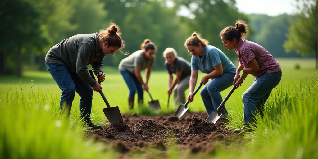 a group of people are digging in the grass together with shovels and trees in the background, and a