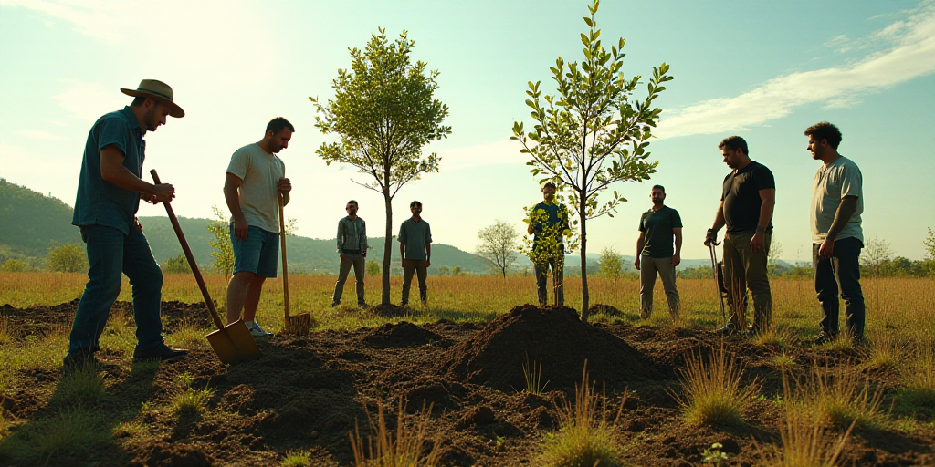 a group of people are planting trees in a field with people standing around them and looking at them