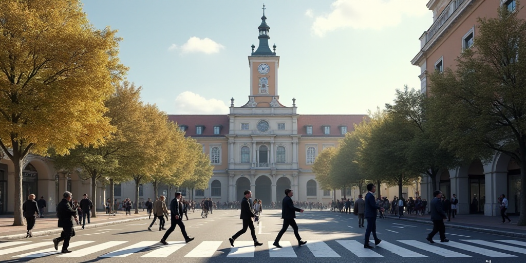 a group of people crossing a street in front of a building with a clock tower in the background and