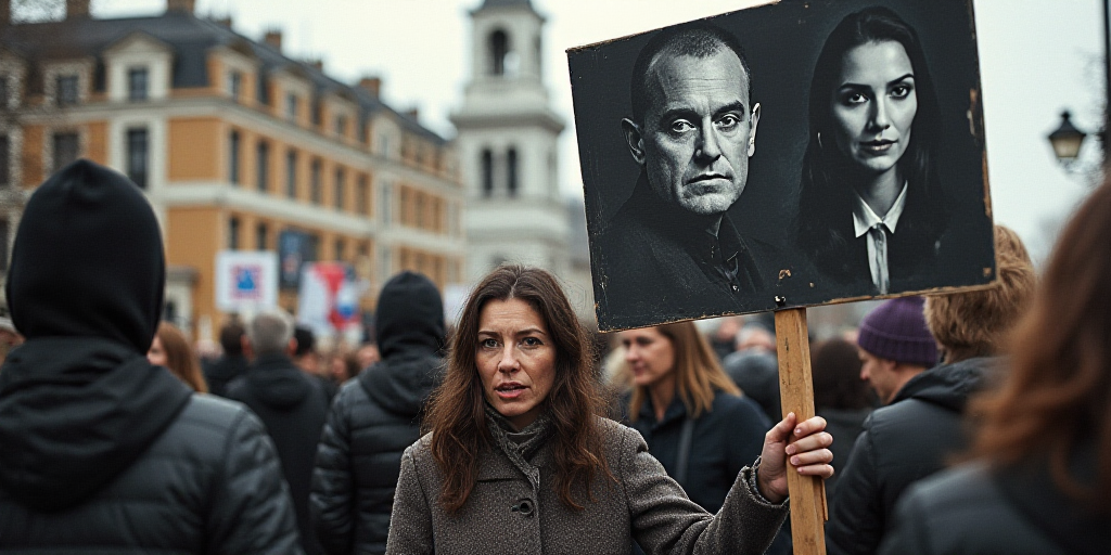 a group of people holding a banner with a picture of a man and woman on it and a man holding a sign