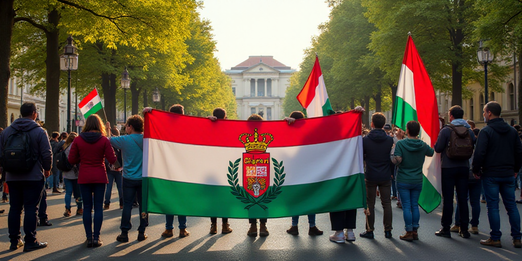 a group of people holding a banner and flags on a street with trees in the background and a building