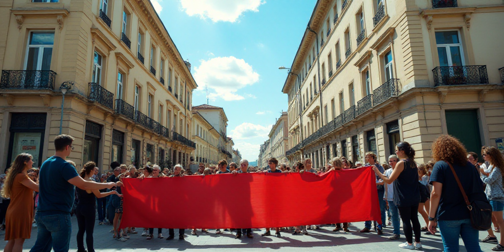 a group of people holding a banner in a street with buildings in the background and a sky background