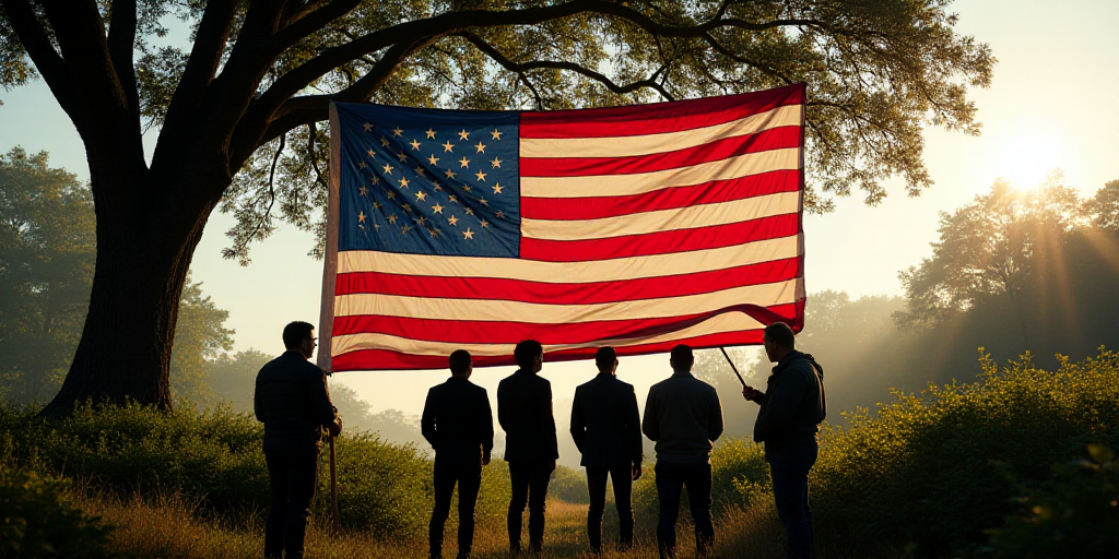 a group of people holding a large american flag in front of a tree and bushes with a man holding a f