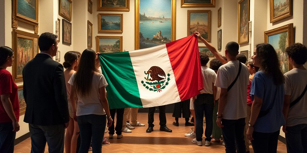 a group of people holding a mexican flag in front of a wall of paintings and paintings on the wall,
