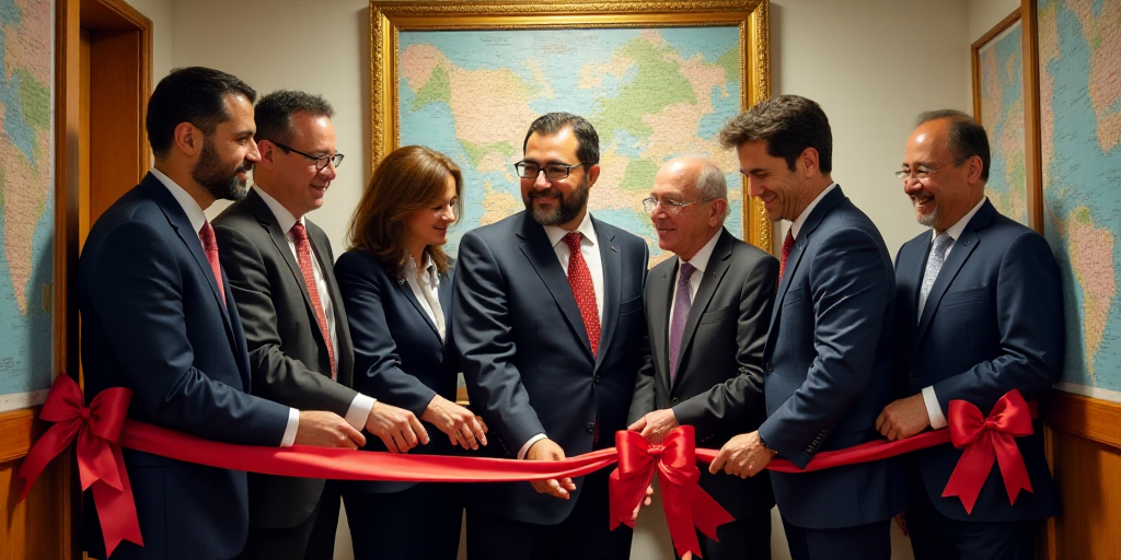 a group of people holding a ribbon cutting a ribbon at a ribbon cutting ceremony with a man in a sui