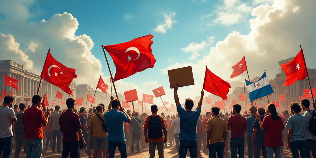 a group of people holding flags and signs in a protest area with a sky background and a few building