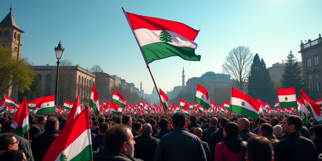 a group of people holding flags and banners in a park with buildings in the background and a blue sk