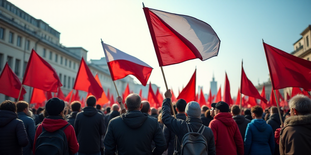 a group of people holding flags and signs in a street with a building in the background and a sky ba