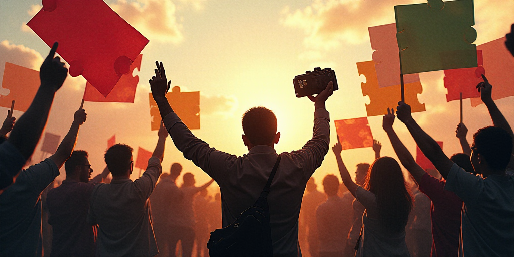 a group of people holding flags and signs in the air with a man holding a camera in the middle, Fath