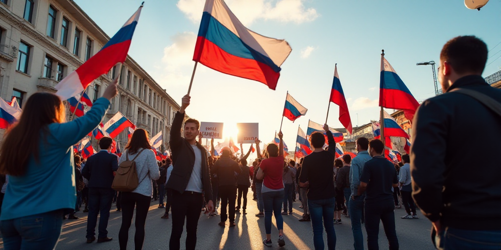 a group of people holding flags and signs in a street with a building in the background and a sky ba
