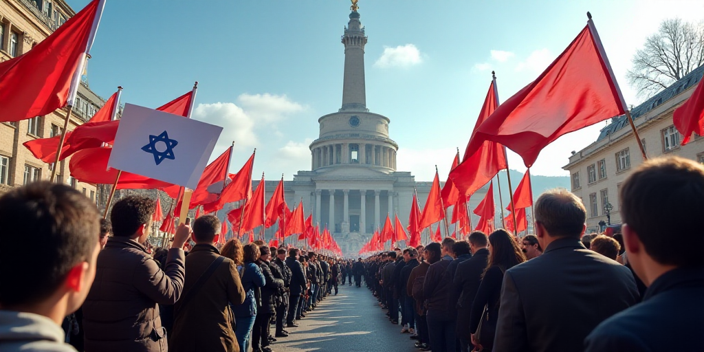 a group of people holding flags and signs in a street with a building in the background and a sky ba