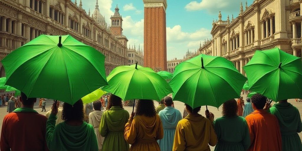 a group of people holding green umbrellas in front of a building with a clock tower in the backgroun