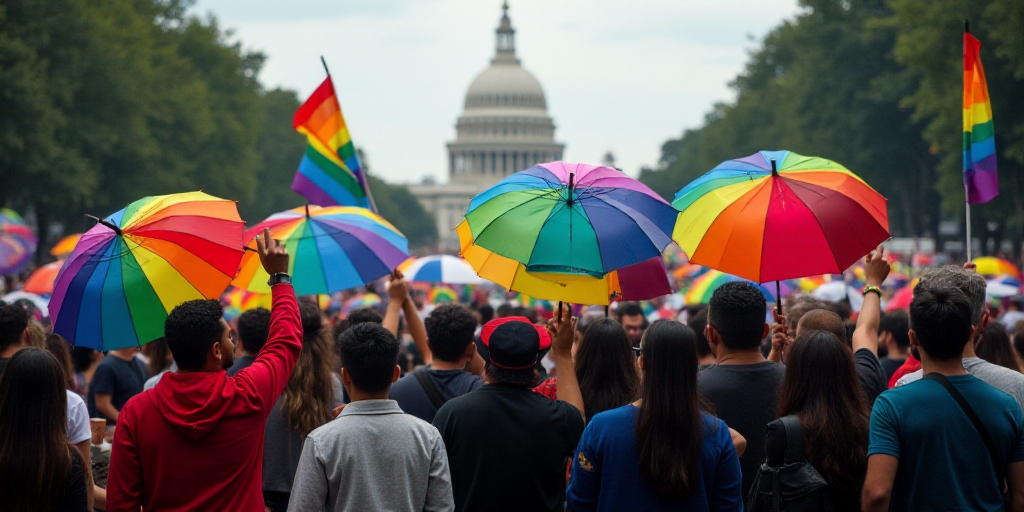a group of people holding rainbow colored flags and umbrellas in front of a building with a large gr