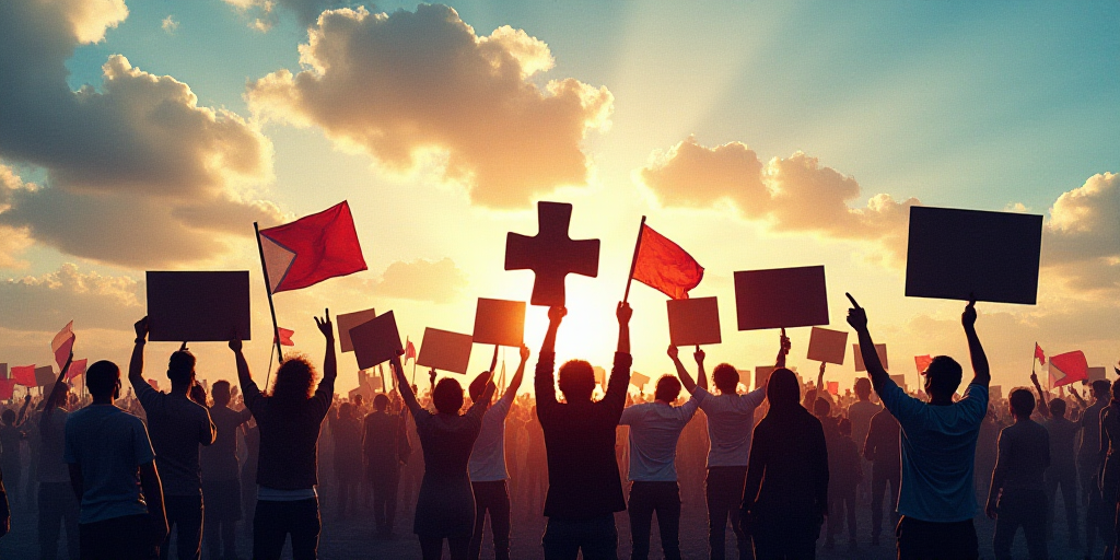 a group of people holding signs and flags in the air with a sky background and a few people holding