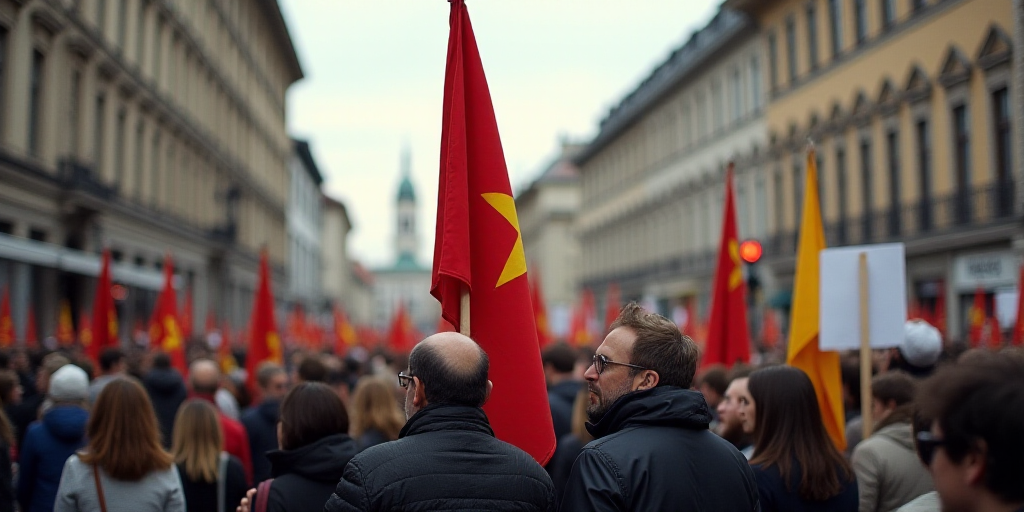 a group of people holding signs and flags in a street with buildings in the background and a crowd o