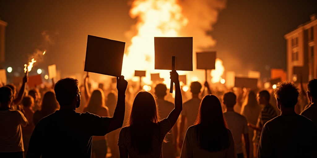 a group of people holding signs and a fire in the background with smoke coming out of them and a man