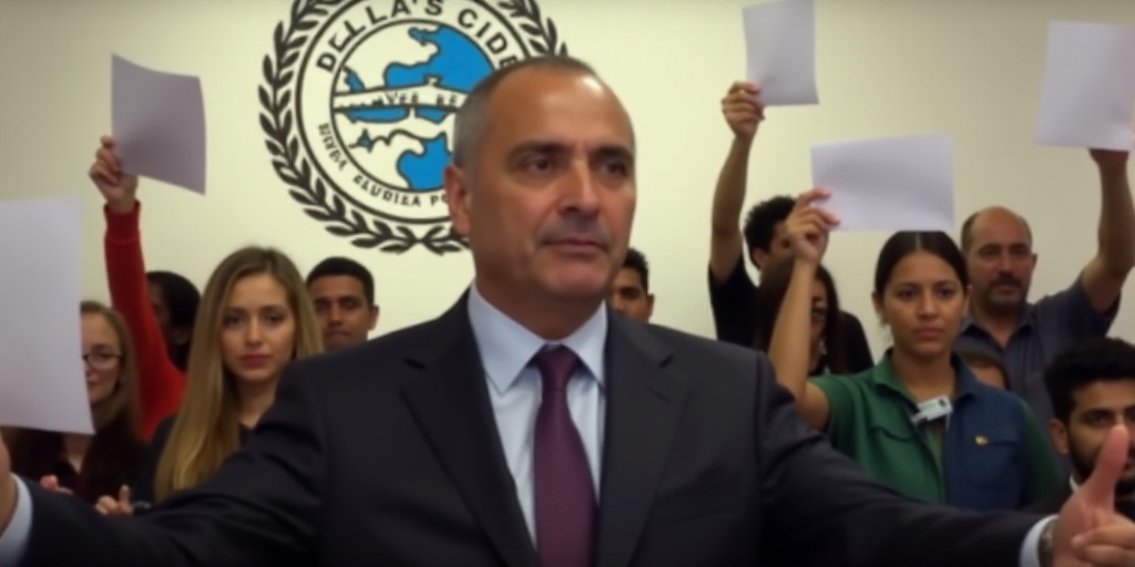 a group of people holding up papers in front of a wall with a logo on it and a man in a suit, Federi