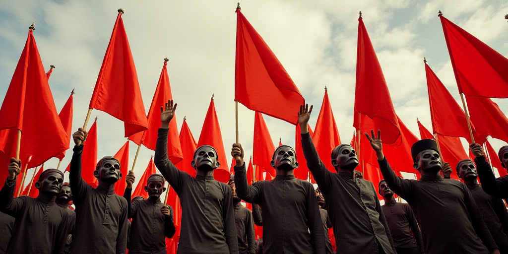a group of people holding up red and white flags and wearing masks and holding up their hands in the