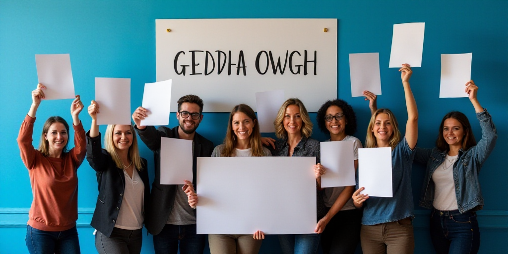 a group of people holding up some papers in front of a blue wall with a sign behind them that says g