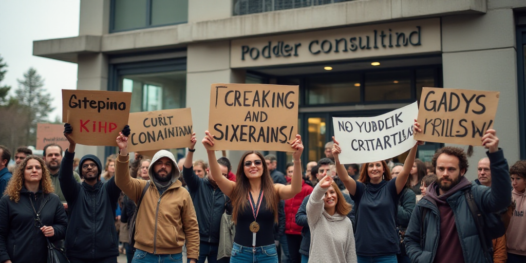 a group of people holding up signs in front of a building with a sign that says podder consulting, A