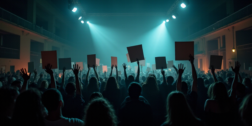a group of people holding up signs on a stage at night time with lights on the building in the backg